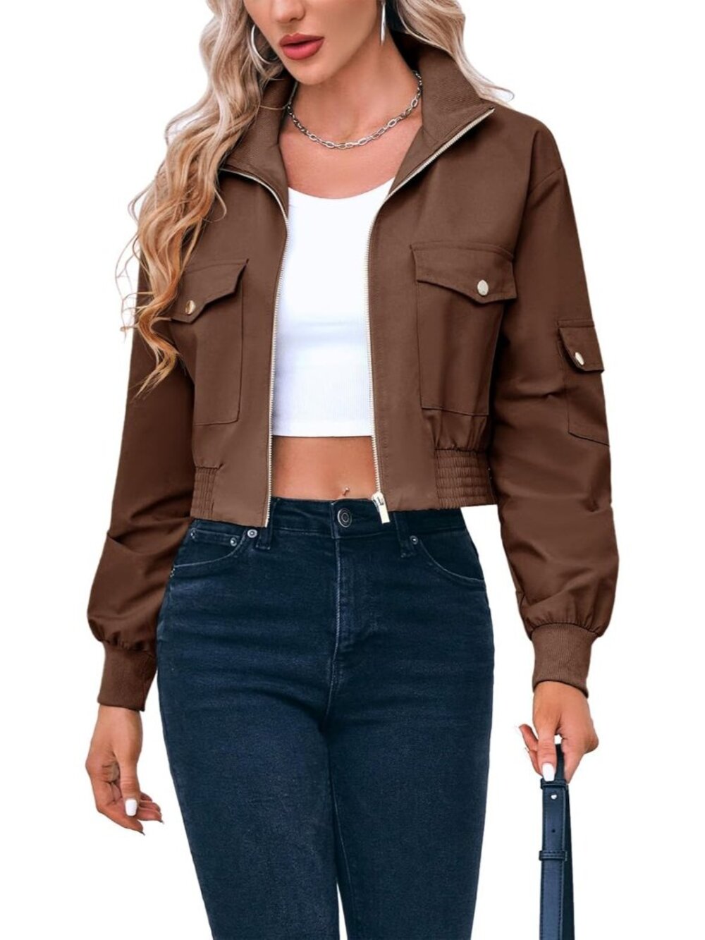 Women's Dark Brown Long Sleeve Crop Bomber Jackets Lightweight Zip Up Short Coat